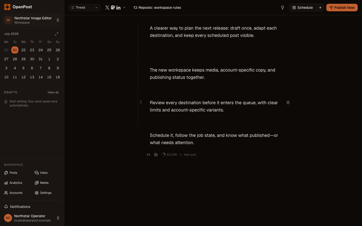 OpenPost publishing workspace